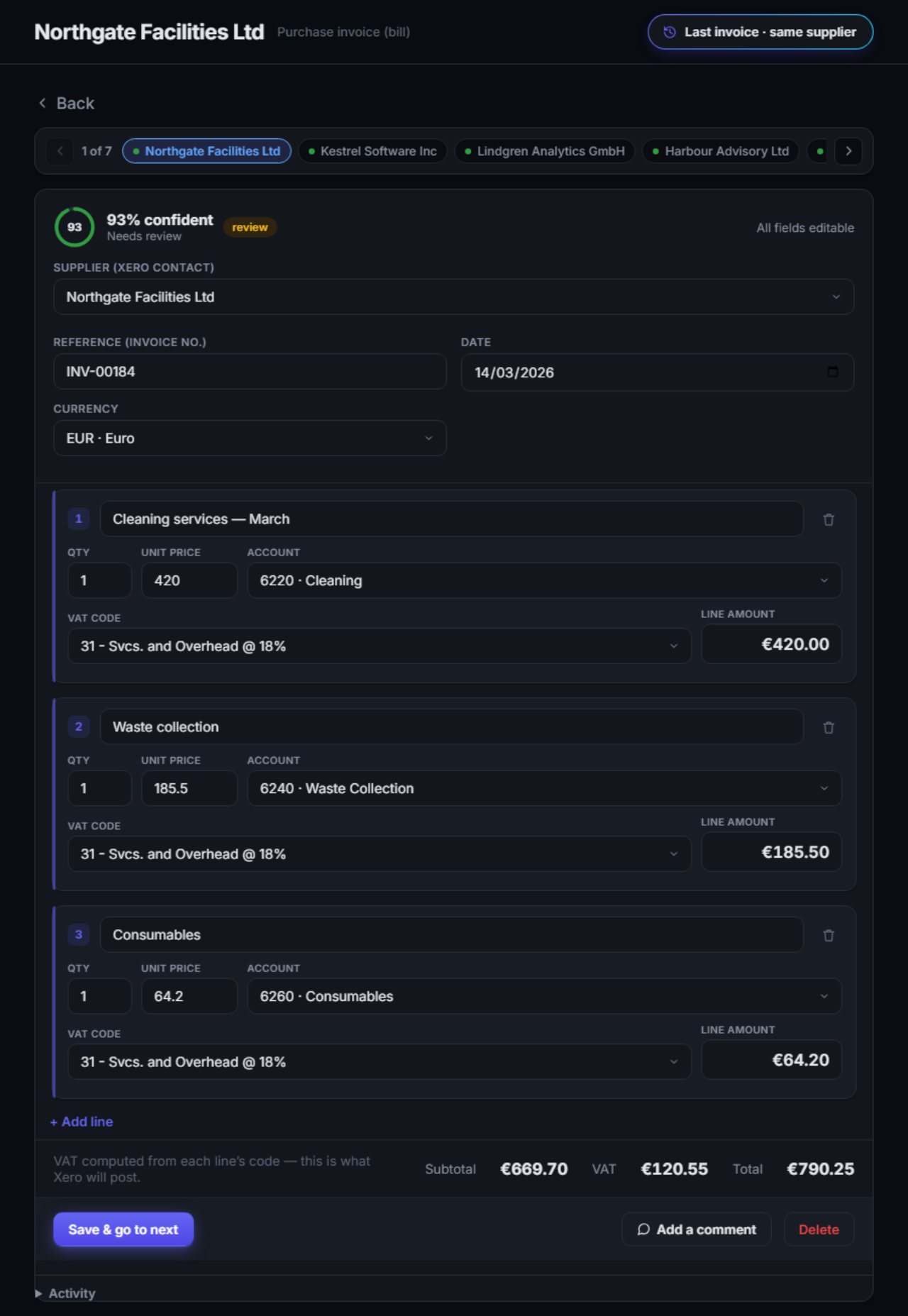 The same invoice in Pyro's review screen, coded line by line
